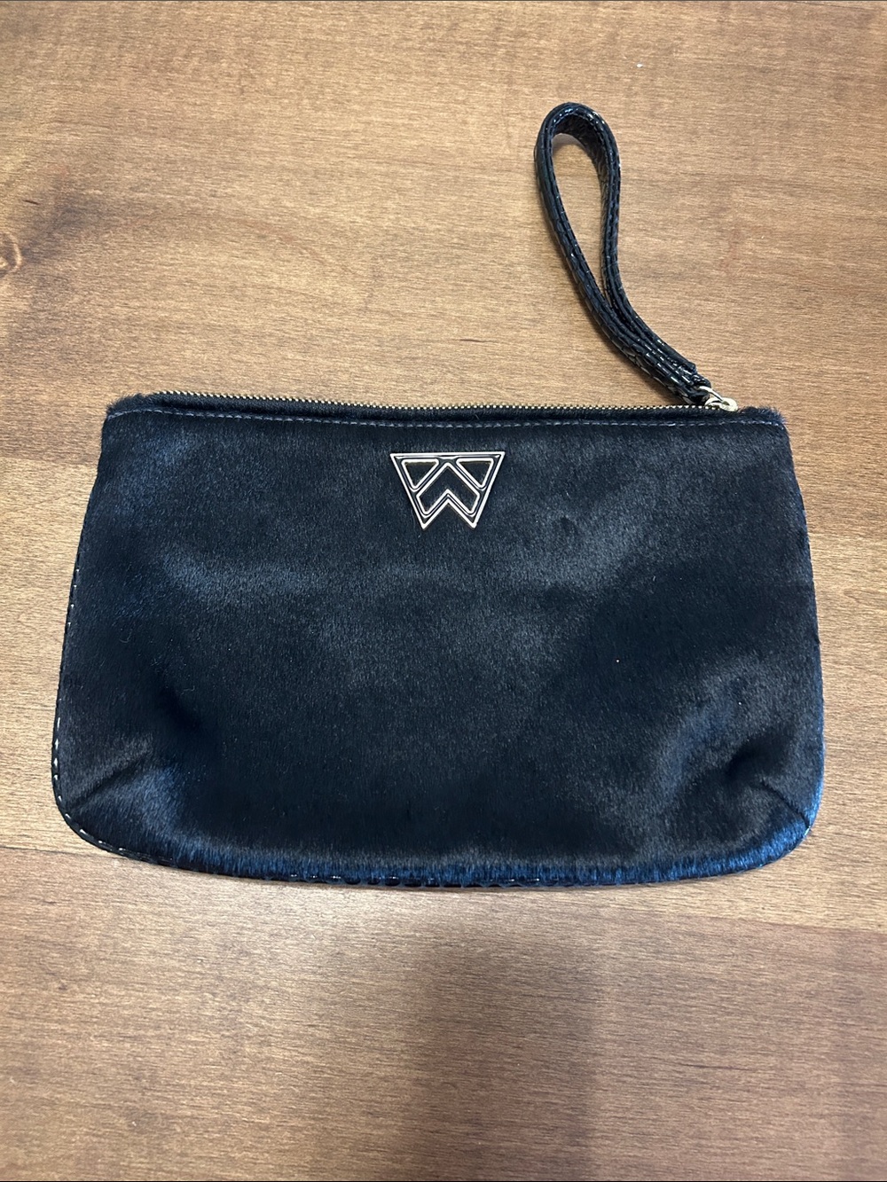 Kelly Wynne Black Calf Hair Leather Wristlet Clutch Bag